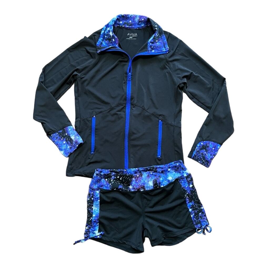 AVIVA Activewear Set  Matching Jacket & Shorts in Black Celestial Blue SZ 6